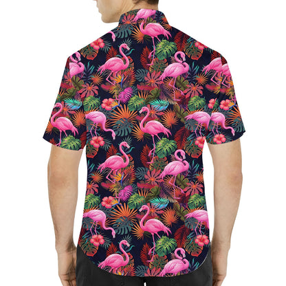 Back view of the tropical flamingo hawaiian shirt in navy