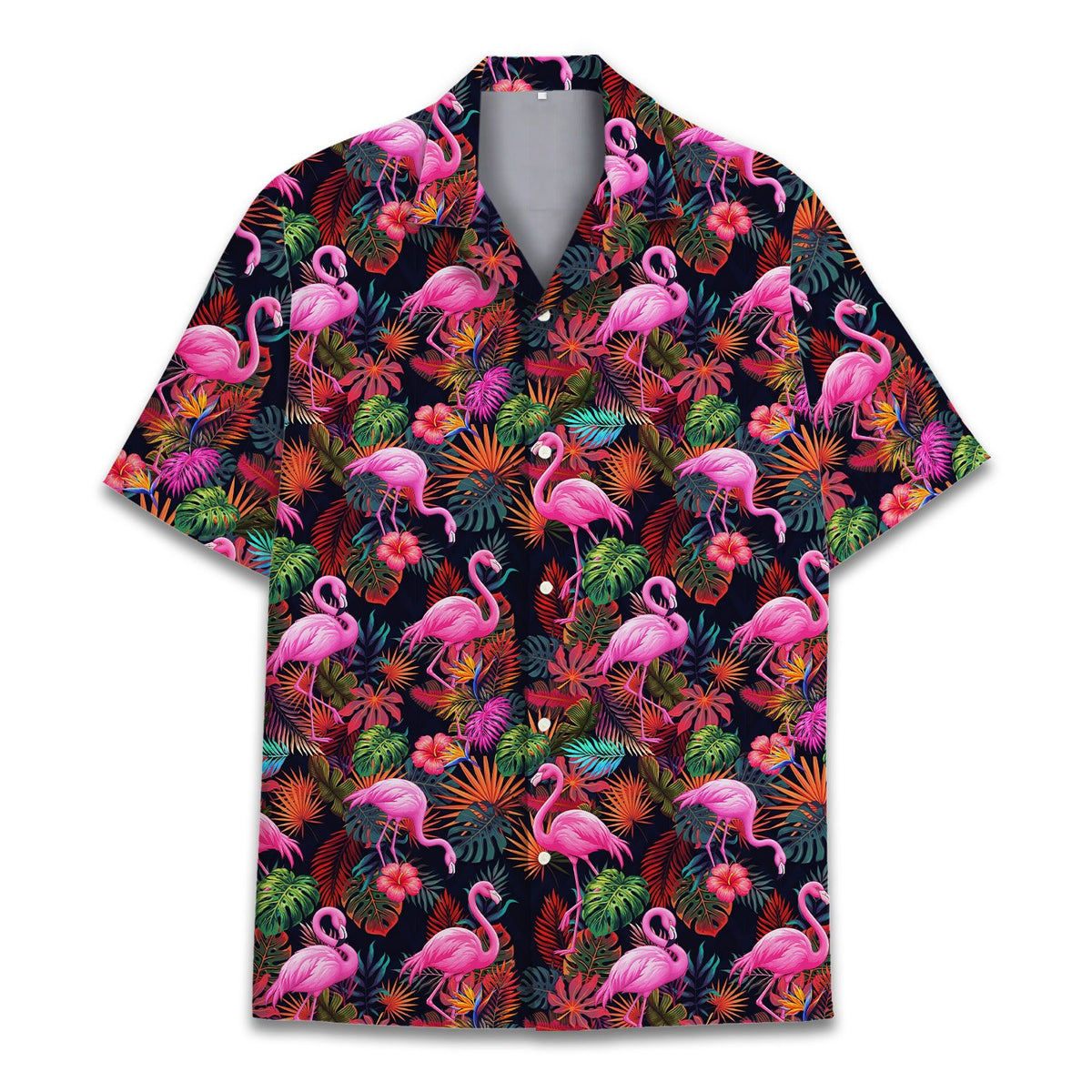 Detailed front view showing the vibrant pink flamingo and monstera leaf pattern on the hawaiian shirt