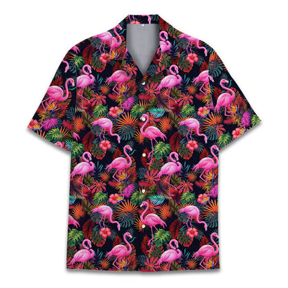 Detailed front view showing the vibrant pink flamingo and monstera leaf pattern on the hawaiian shirt