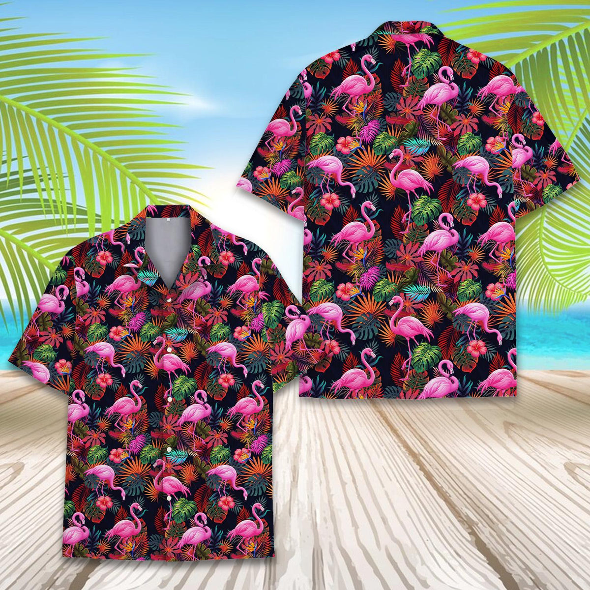 Front view of the tropical flamingo hawaiian shirt for matching family outfits