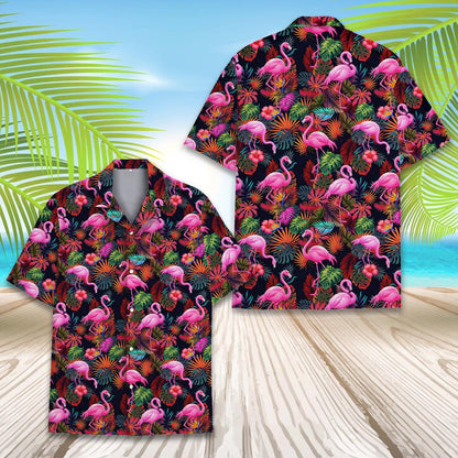 Tropical flamingo hawaiian shirt featuring pink flamingos and hibiscus on a navy background, main view