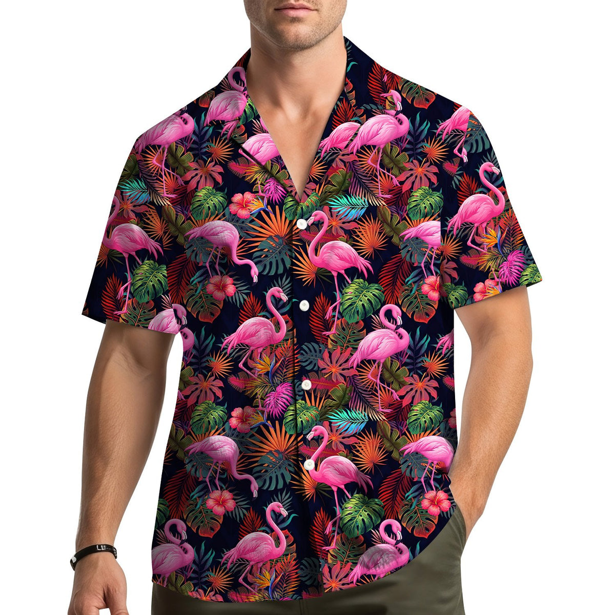 Another lifestyle shot featuring the vibrant tropical flamingo hawaiian shirt