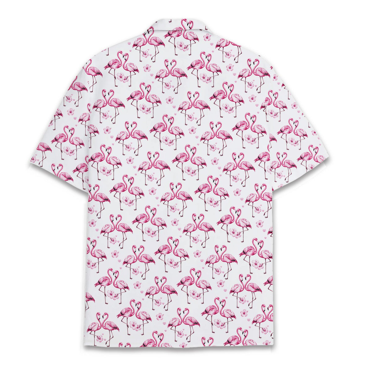 White tropical flamingo hawaiian shirt featuring pink flamingos and flowers, alternate back view
