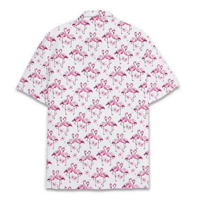 White tropical flamingo hawaiian shirt featuring pink flamingos and flowers, alternate back view