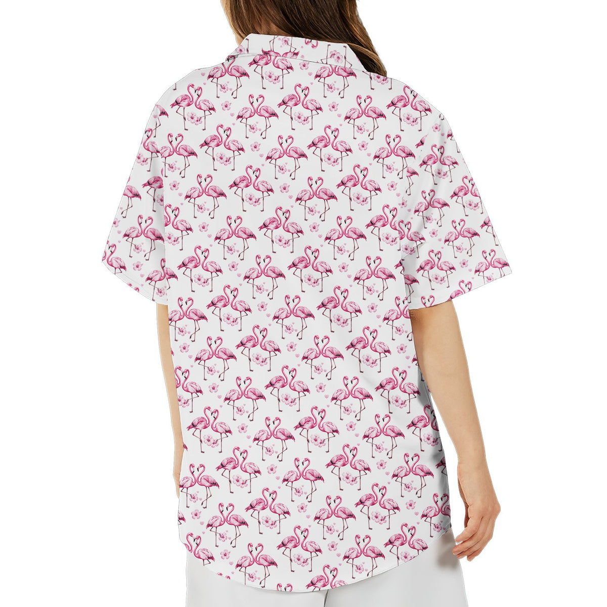 White tropical flamingo hawaiian shirt featuring pink flamingos and flowers, back view