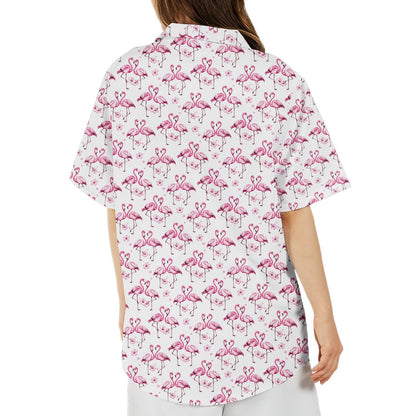 White tropical flamingo hawaiian shirt featuring pink flamingos and flowers, back view