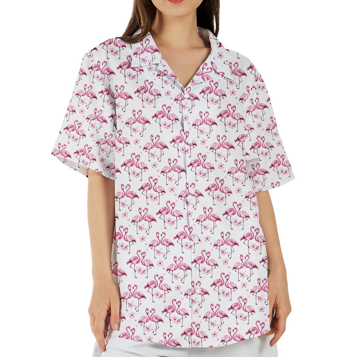 White tropical flamingo hawaiian shirt featuring pink flamingos and flowers, main view