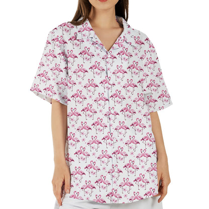 White tropical flamingo hawaiian shirt featuring pink flamingos and flowers, main view