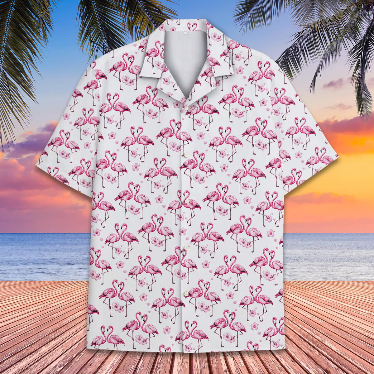 Adult posing in the tropical flamingo hawaiian shirt
