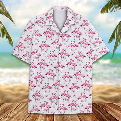 Lifestyle view showing the back of the tropical flamingo hawaiian shirt