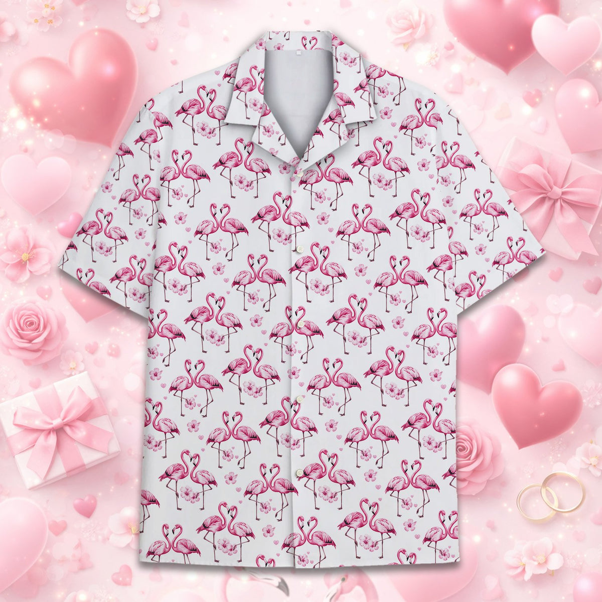 Another lifestyle shot of the tropical flamingo hawaiian shirt in a summer setting