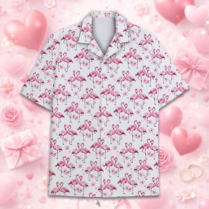 Another lifestyle shot of the tropical flamingo hawaiian shirt in a summer setting