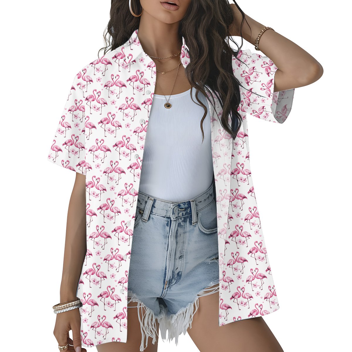 Lifestyle view of an adult wearing the tropical flamingo hawaiian shirt outdoors
