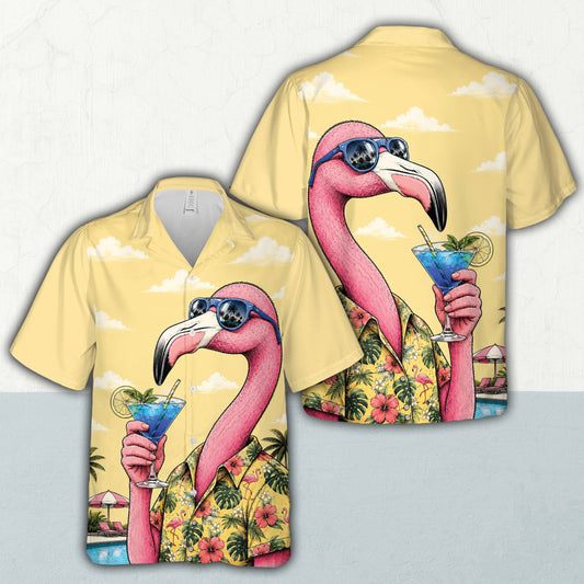 Main view of the hawaiian shirt with flamingos featuring a pink flamingo and cocktail design
