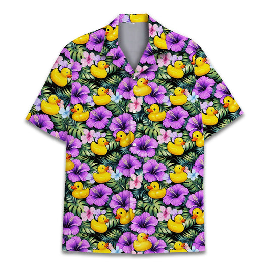 Matching family Hawaiian shirt with yellow rubber ducks and purple hibiscus on a dark background, main view