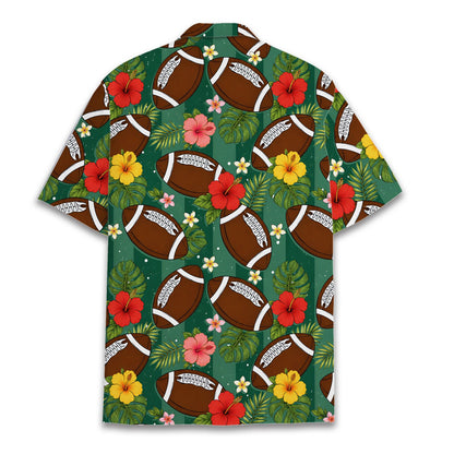 Back view of the tropical floral and football matching family Hawaiian shirt