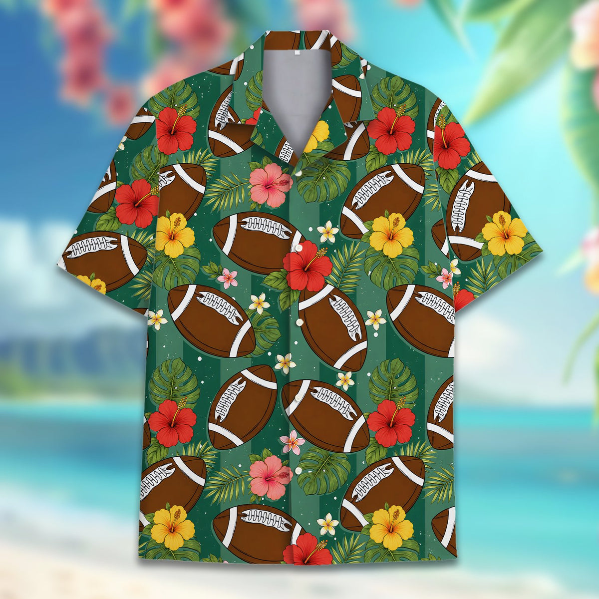 Close up front view of the tropical hawaiian shirt with football details