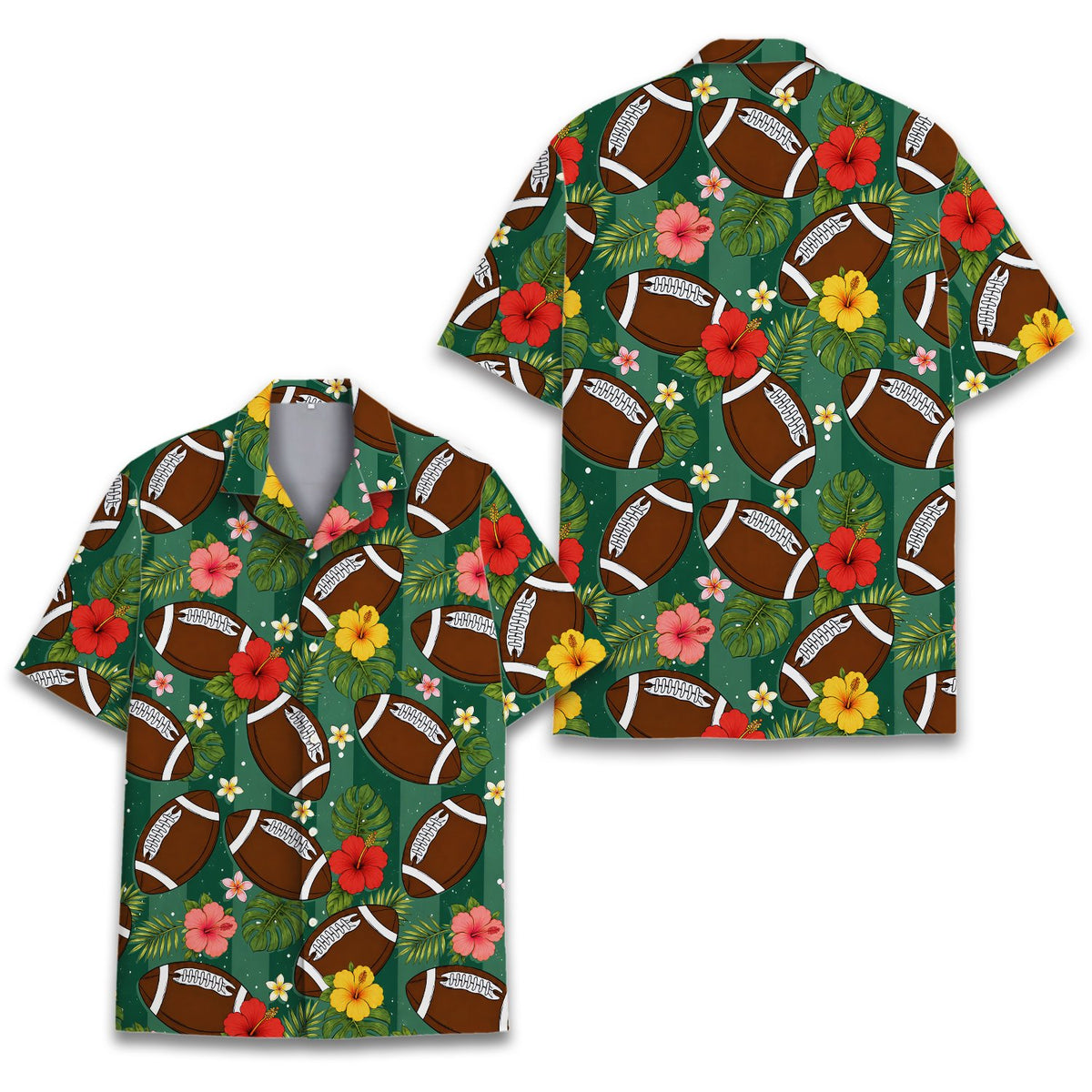 Matching family Hawaiian shirts featuring a tropical floral and football design, main view