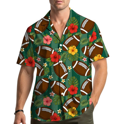 Third lifestyle view showing the matching family Hawaiian shirts in a summer setting