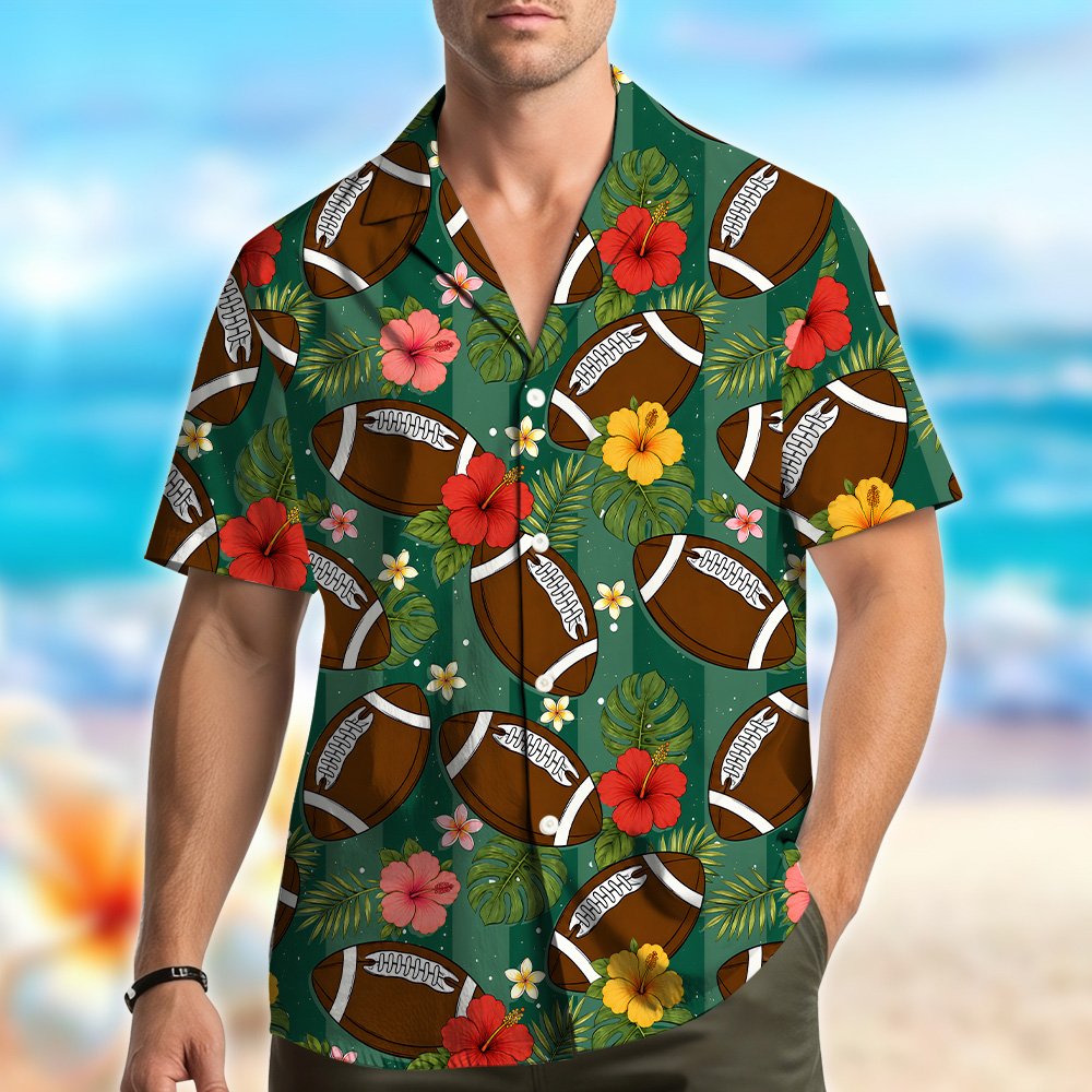 Lifestyle view of a family wearing the tropical floral and football matching Hawaiian shirts