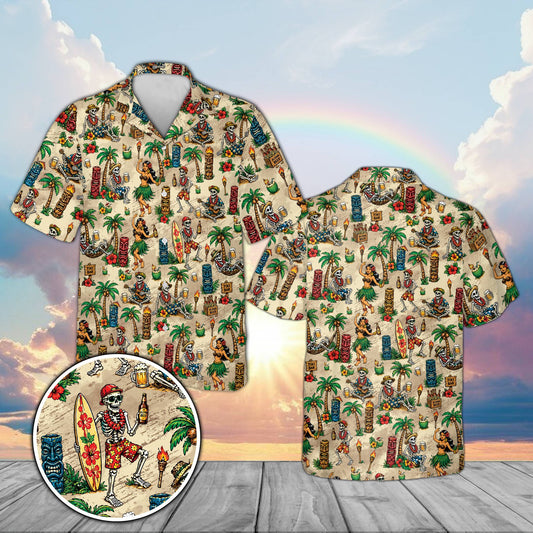 Matching family hawaiian shirts featuring a tropical floral tiki skeleton print on beige background, main view