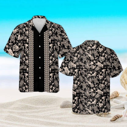Black matching family hawaiian shirt with tropical floral design, front view