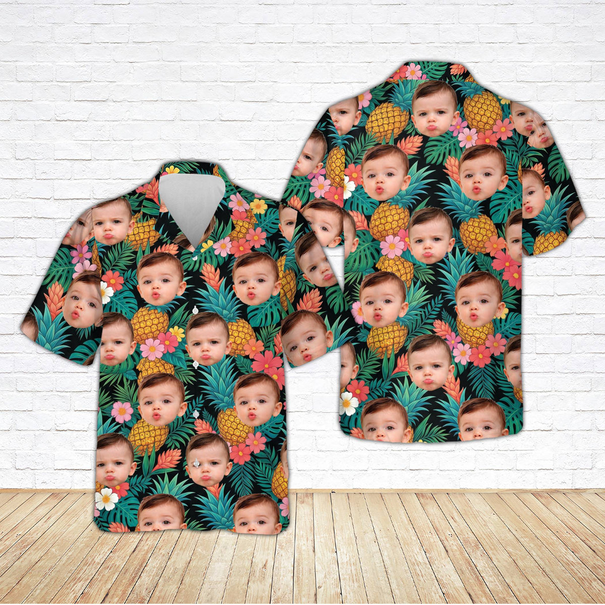 Black matching family hawaiian shirt, front view