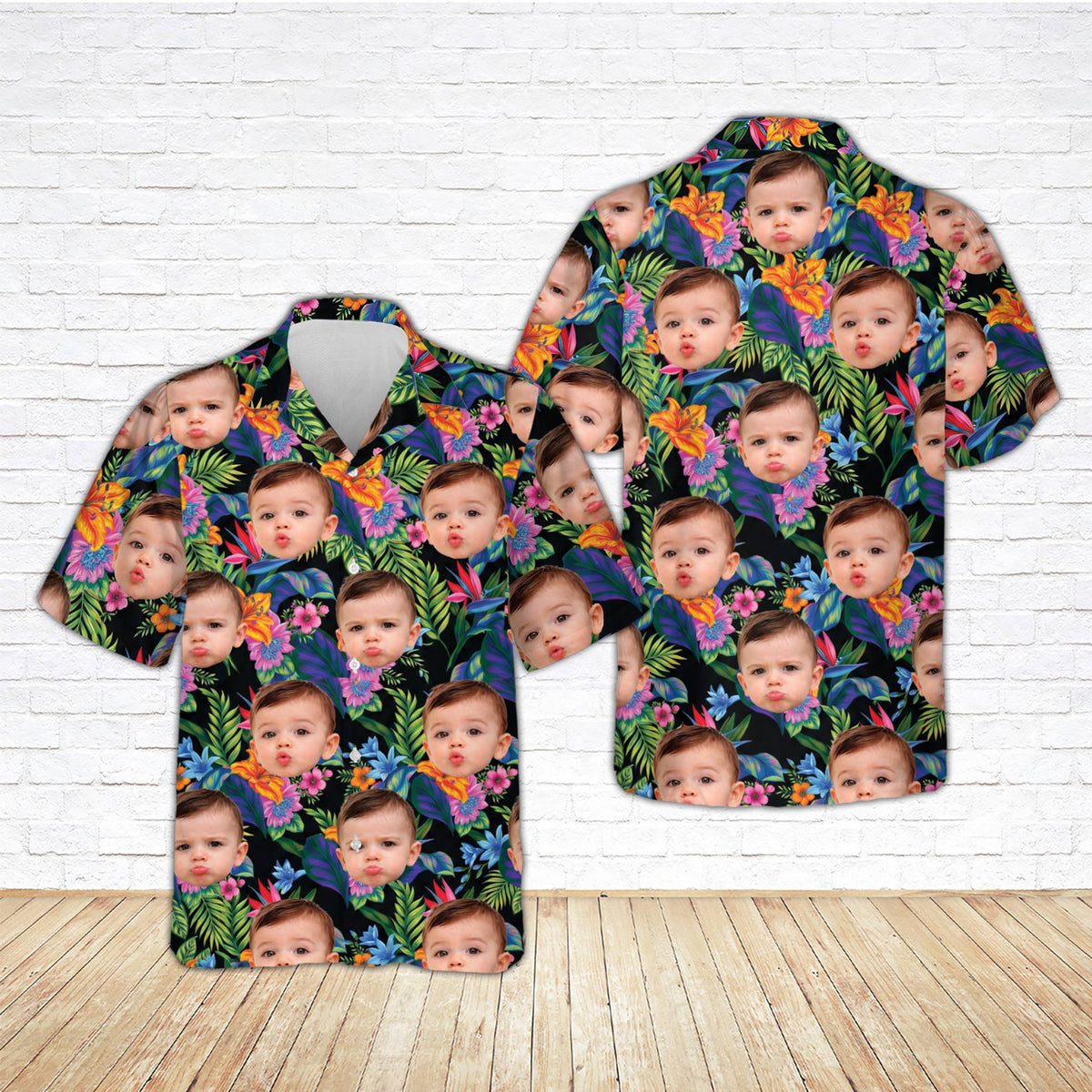 Black matching family hawaiian shirt on a different background, front view