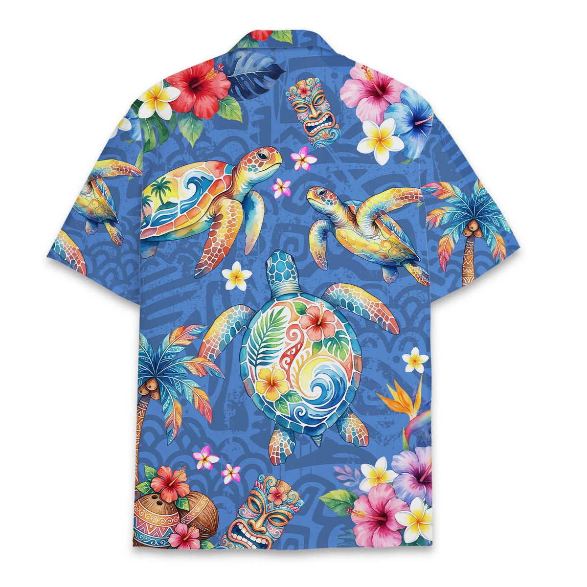 Back view of the tropical floral sea turtle hawaiian shirt