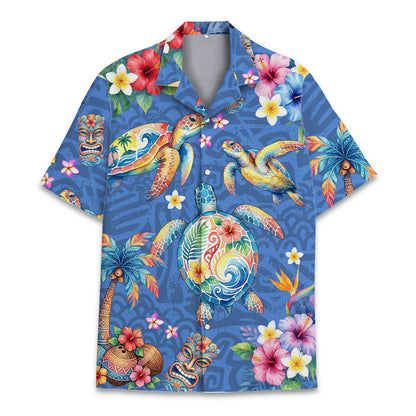 Tropical floral hawaiian shirt featuring sea turtles and tiki masks, main view