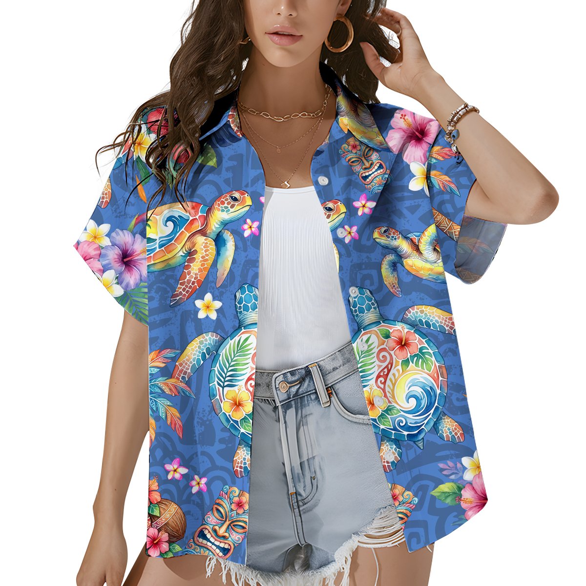 Third lifestyle view of the blue tropical sea turtle hawaiian shirt