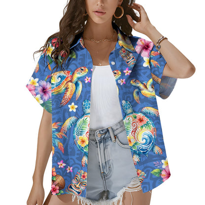 Third lifestyle view of the blue tropical sea turtle hawaiian shirt