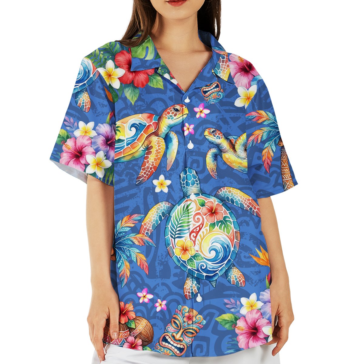 Lifestyle view of someone wearing the matching family hawaiian shirt