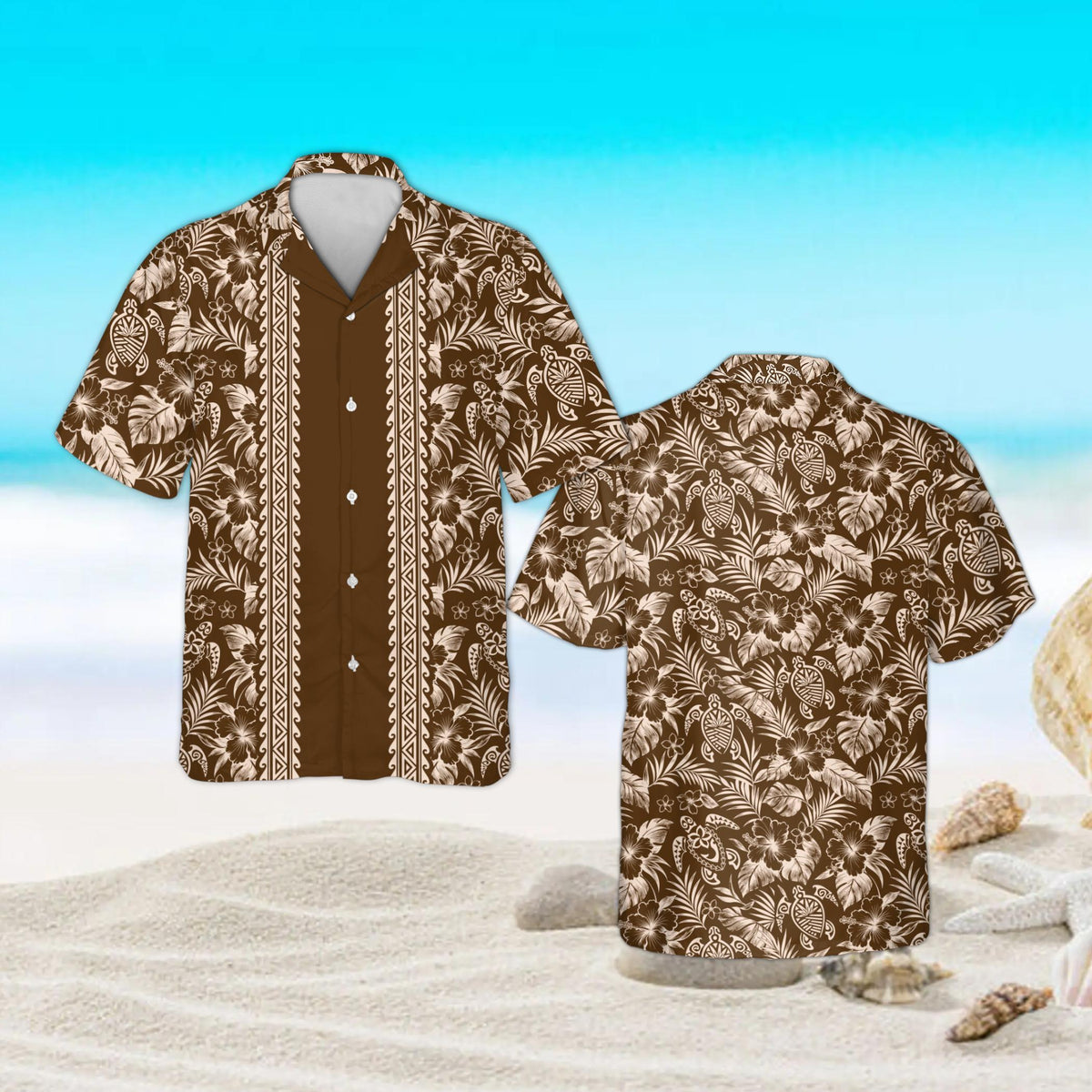 Brown tropical hawaiian shirt with sea turtle print, front view
