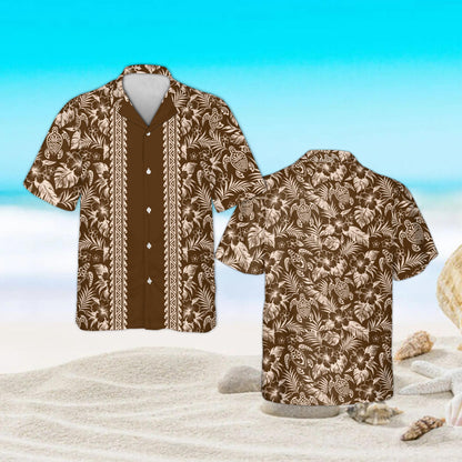 Brown tropical hawaiian shirt with sea turtle print, front view