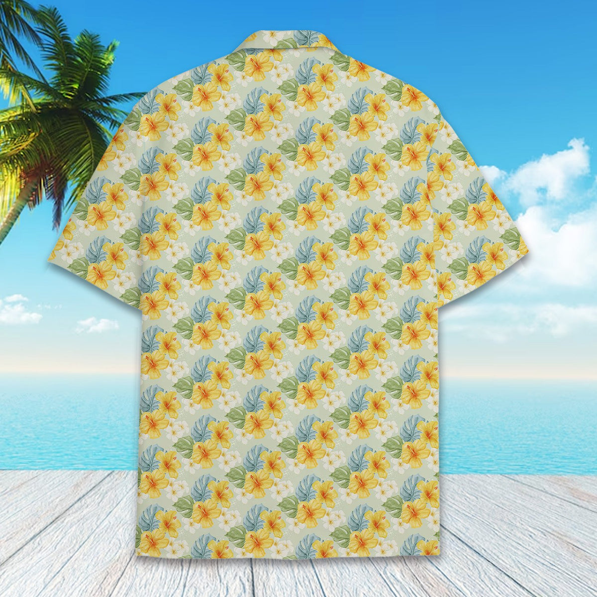Tropical floral hawaiian shirt, back view with hibiscus pattern