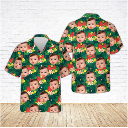 Green matching family hawaiian shirt with custom name and number, front view