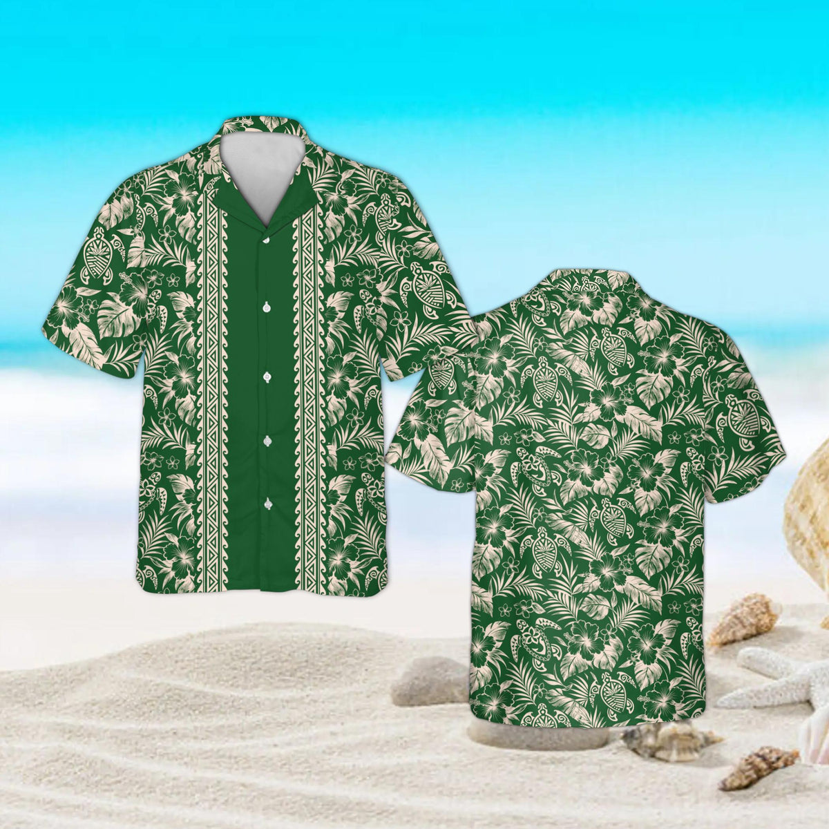 Green tropical button-up shirt for family matching, front view