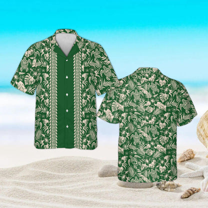 Green tropical button-up shirt for family matching, front view