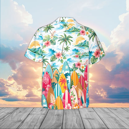 Tropical floral hawaiian shirt with detailed surfboard and hibiscus print, back view