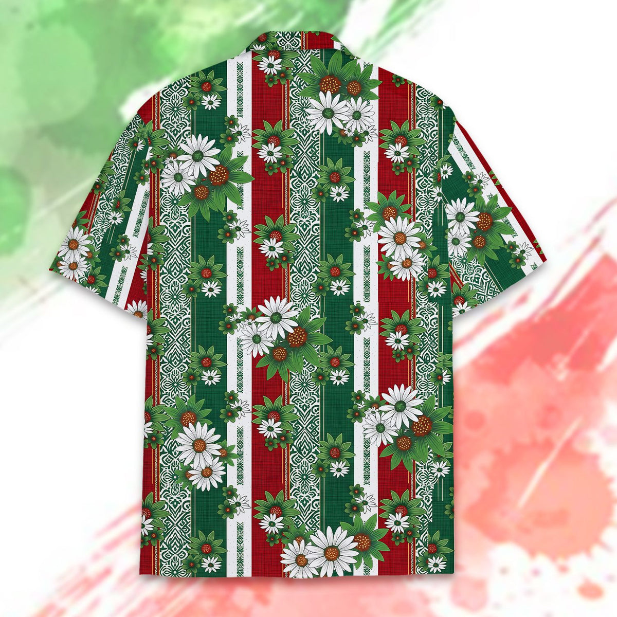 Tropical floral hawaiian shirt with neon parrots and hibiscus, back view