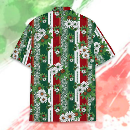 Tropical floral hawaiian shirt with neon parrots and hibiscus, back view
