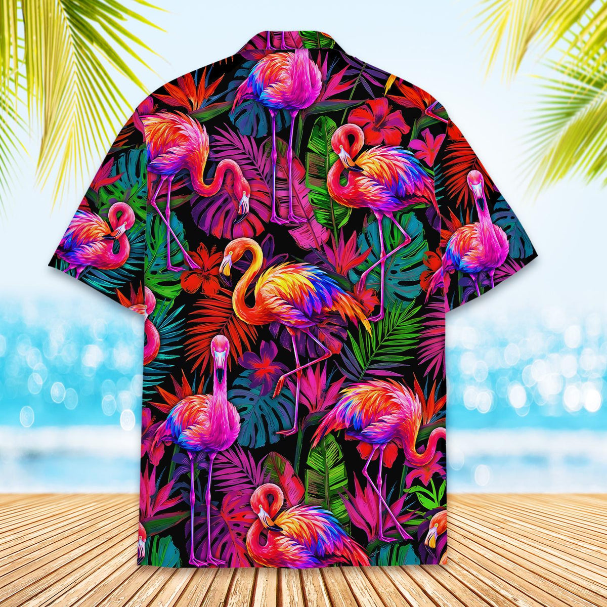 Detailed back view of the black hawaiian shirt with pink flamingos