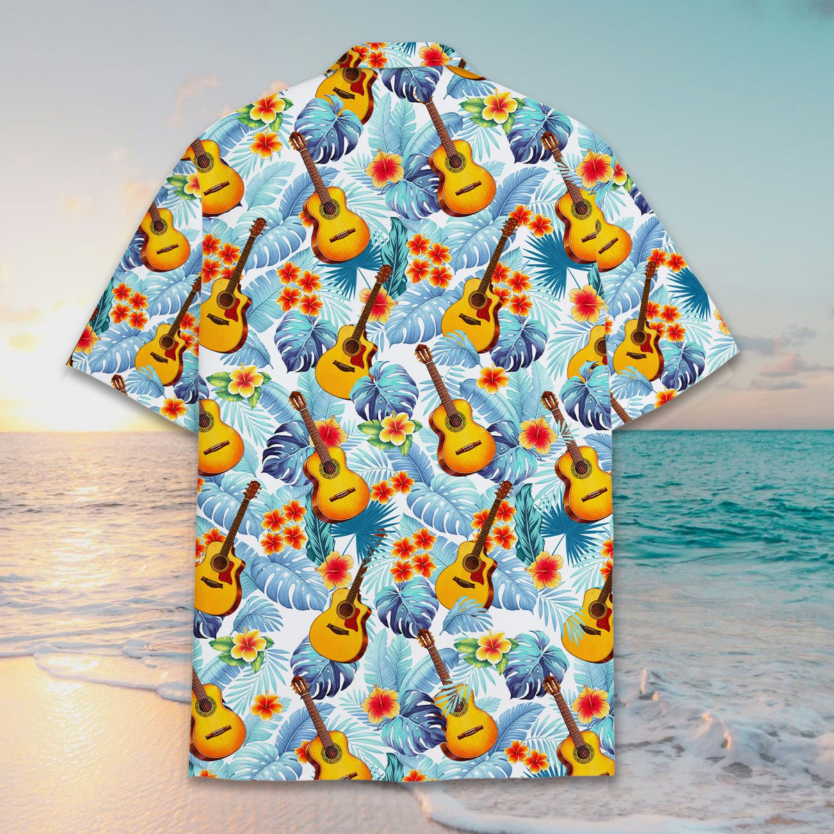 Close up back view of the tropical floral hawaiian shirt
