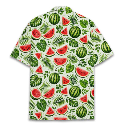 Back view of the tropical floral hawaiian shirt with watermelon slices