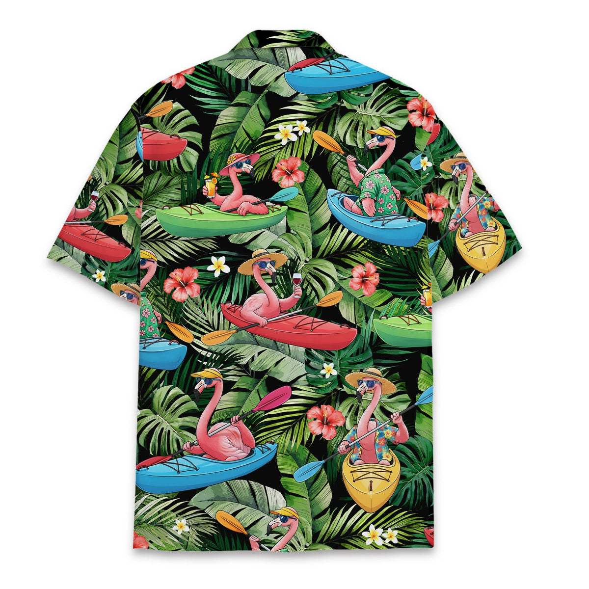 Back view of the tropical floral hawaiian shirt with flamingo pattern