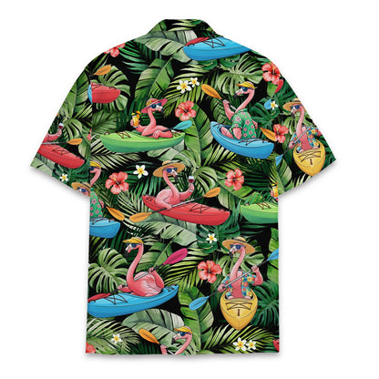Back view of the tropical floral hawaiian shirt with flamingo pattern