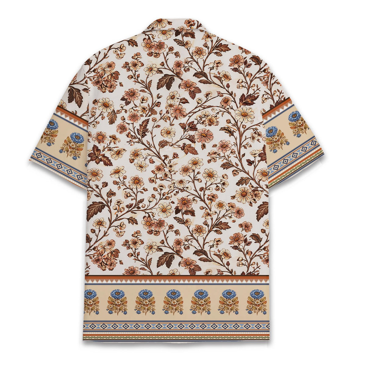 Back view of the tropical floral hawaiian shirt showing the continuous beige daisy print