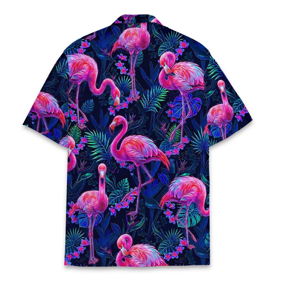 Back view of the tropical floral hawaiian shirt showing the continuous flamingo and foliage print