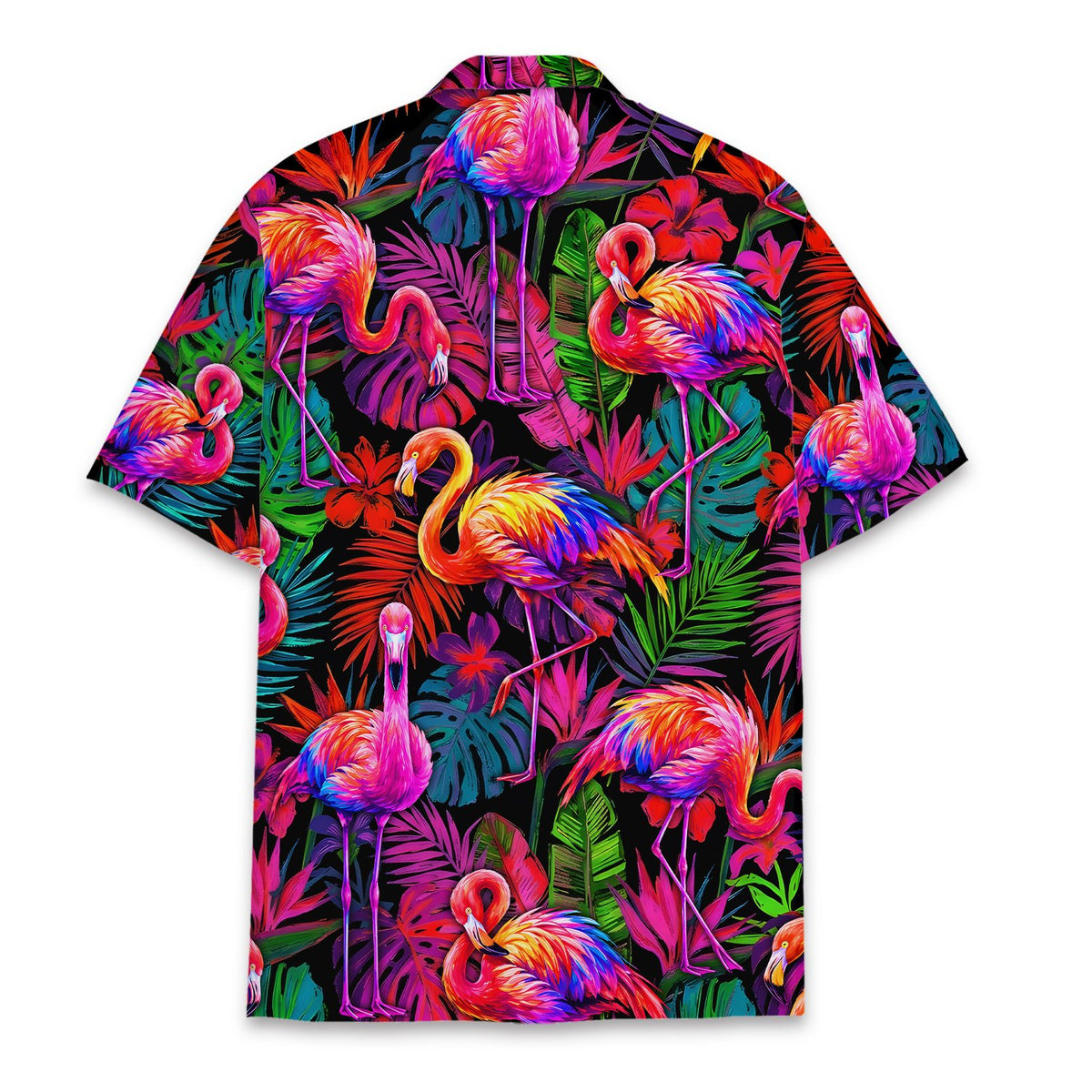 Back view of the tropical floral flamingo hawaiian shirt